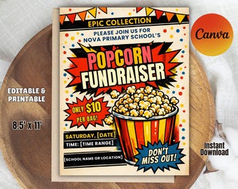 Popcorn Fundraiser Flyer Template: School PTO/PTA Event (Canva Editable, Printable Download)
