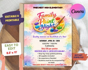 Family Paint Night Flyer Template: School PTA PTO Event (Canva Editable) 8.5' x 11'