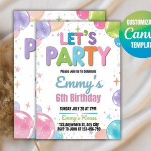 Plantilla de invitación para fiesta de cumpleaños arcoíris, con purpurina colorida, para niña, digital, con lentejuelas, editable en Canva.
