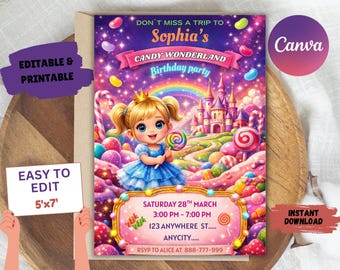 Candy Wonderland Birthday Invitation, Editable Canva Template (Digital Download)