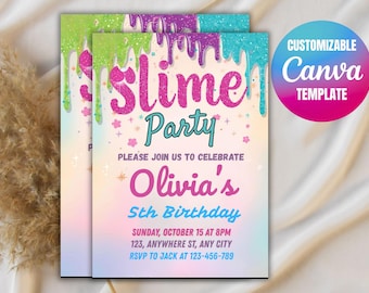 May include: Two invitations for a slime-themed birthday party. The invitations feature colorful dripping slime in green, purple, and blue, with the text "Slime Party" and details for Olivia's 5th birthday.