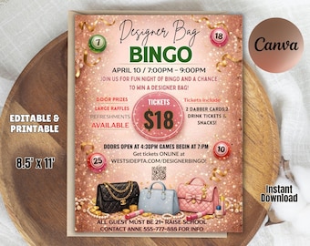 Editable Designer Bag Bingo Flyer, Women Fundraiser Template (8.5x11 Inches)