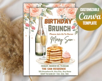Birthday Brunch Invitation, Champagne, Pancake Flyer (PDF)
