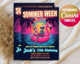 Invitación de cumpleaños de verano / Invitación editable para fiesta fantasma en la piscina / Descarga digital / Celebración de verano espeluznante