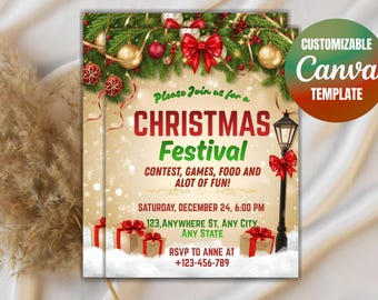 May include: A festive Christmas Festival invitation with a snow-covered base. The design features a green and red color scheme, with text that reads "CHRISTMAS Festival". Includes a customizable Canva template.