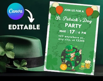 Bearbeitbare digitale St Patrick's Day Party Einladung, Canva Einladung Vorlage, Mobile Invite, Eat Drink & Be Irish, St Patrick's Day Party.