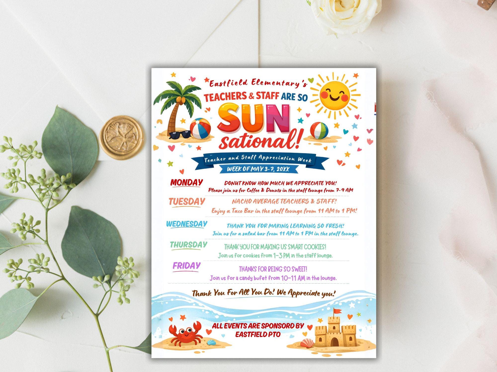 Editable Beach Theme Teacher & Staff Appreciation Sunsational Itinerary ...