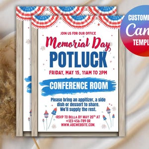 May include: Two framed Memorial Day potluck invitations. The invitations feature red, white, and blue patriotic decorations. The text includes "Memorial Day Potluck" and "Conference Room". A customizable Canva template is also advertised.