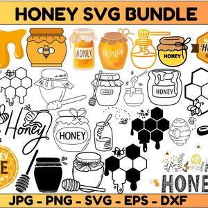 以下が含まれることがあります： 蜂蜜をテーマにしたSVGファイルのデジタルダウンロードバンドル。バンドルには、蜂蜜の瓶、ハニカム、ミツバチ、さまざまなスタイルの「ハニー」という言葉の画像が含まれています。画像の下部には「JPG - PNG - SVG - EPS - DXF」というテキストがあります。