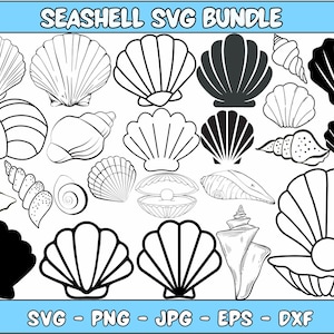 Puede incluir: Un conjunto de 18 archivos de corte SVG de conchas marinas en blanco y negro. Las conchas marinas son de varias formas y tamaños, incluyendo vieiras, almejas y ostras. El texto "Seashell SVG Bundle" está en la parte superior de la imagen. El texto "SVG - PNG - JPG - EPS - DXF" está en la parte inferior de la imagen.