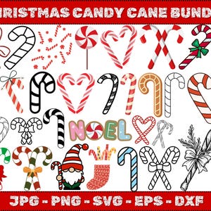 Puede incluir: Una colección de diseños de bastones de caramelo navideños en varios estilos y colores. Incluye bastones a rayas rojas y blancas, bastones en forma de corazón y bastones con lazos. También aparece la palabra "NOEL". La imagen también incluye información sobre el tipo de archivo.