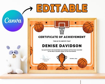 Basketball Awards, Editable Certificate Canva Template, Team Party Printable, B-Ball Certificate of Participation Award