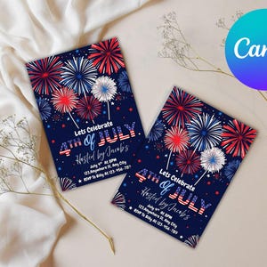 4. Juli Einladung mit Feuerwerk. Digitaler Unabhängigkeitstag Party einladen. Animiertes Grillfest oder Lagerfeuerfest. DIY bearbeitbare Vorlage.