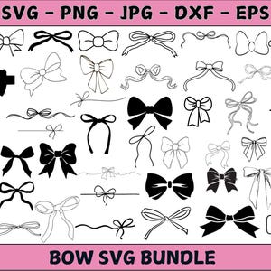 May include: A collection of 30 black and white bow SVG cut files. The bows are in various styles and sizes.  BOW SVG BUNDLE.