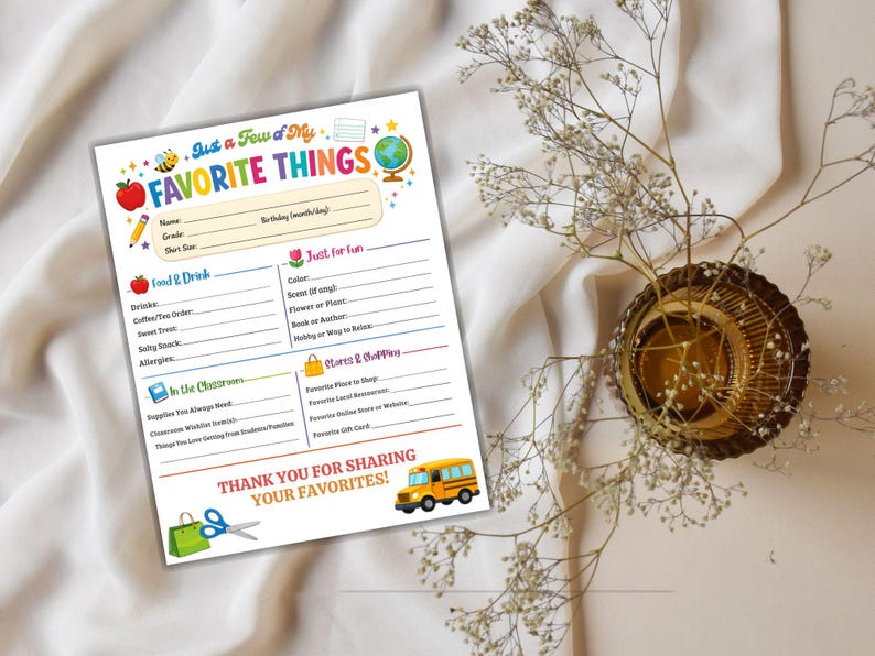 Teacher Favorite Things List: Appreciation Gift Questionnaire ...