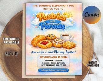 Editable Pastries With Parents Flyer, PTA School Breakfast Fundraiser Invitation (Digital Download)