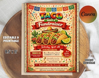 Taco Fundraiser Flyer, Fiesta Event Template, Editable (8.5x11 Inches)
