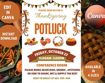 Thanksgiving Potluck Flyer: Editable Invitation Template (Canva, PDF)