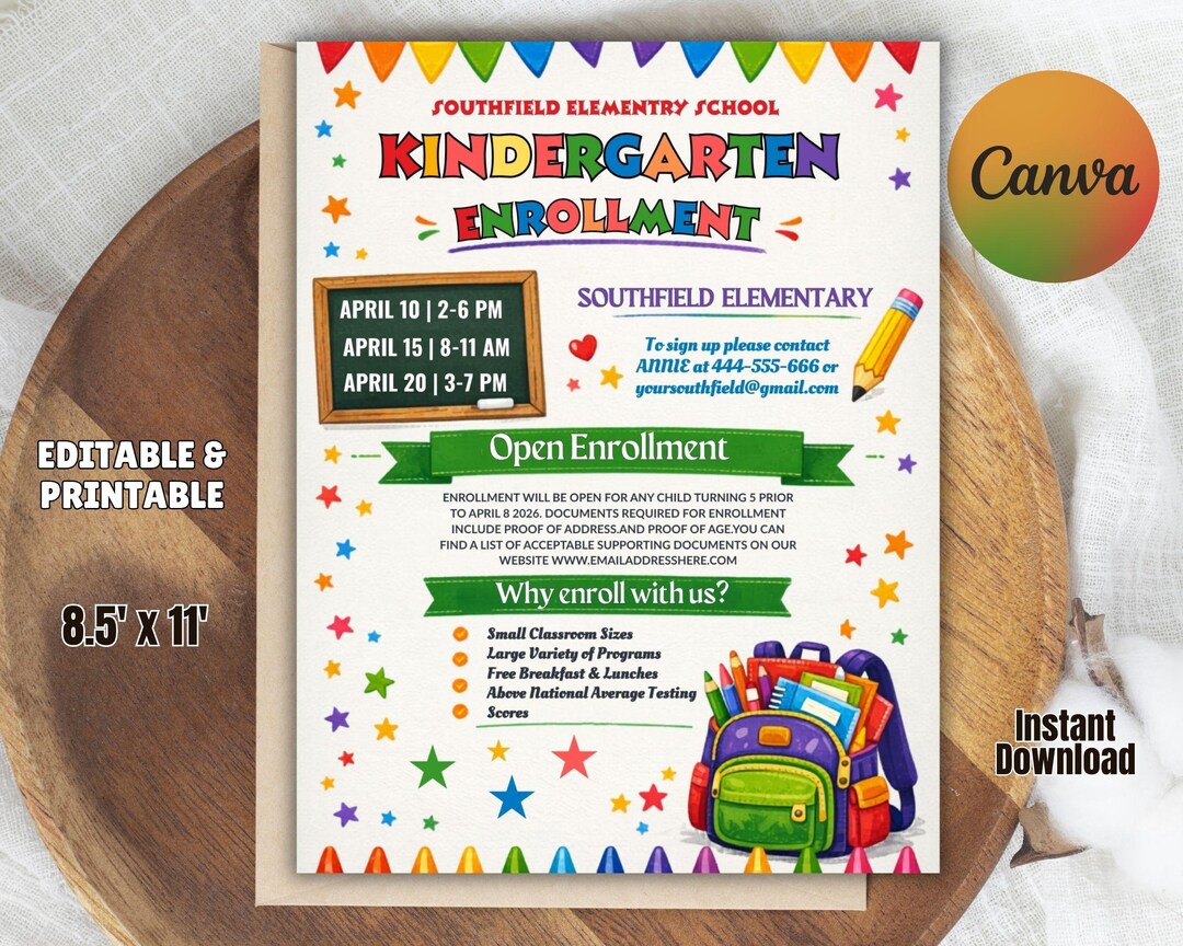 Editable Kindergarten Enrollment Flyer Template | Back to School ...
