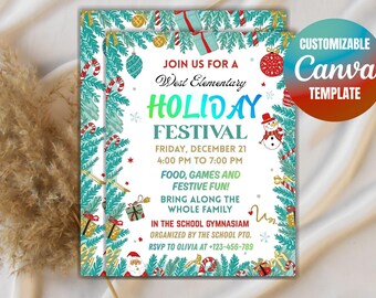 May include: A festive holiday festival invitation with a teal and white border of pine branches, candy canes, and ornaments. The invitation includes the text "HOLIDAY FESTIVAL" and "Canva TEMPLATE".