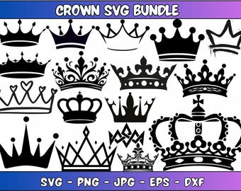 May include: A set of 16 black and white crown SVG files. The crowns are in various styles, including simple, ornate, and regal. The text "CROWN SVG BUNDLE" is at the top of the image. The text "SVG - PNG - JPG - EPS - DXF" is at the bottom of the image.