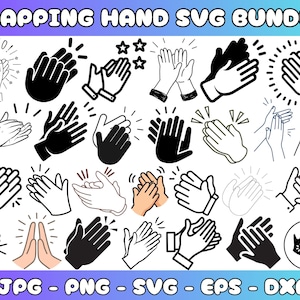Peut inclure: Un ensemble d'art numérique avec diverses illustrations de mains applaudissant en noir et blanc, et certaines en couleur. Le texte "CLAPPING HAND SVG BUNDLE" est en haut. Les formats de fichiers incluent JPG, PNG, SVG, EPS et DXF.