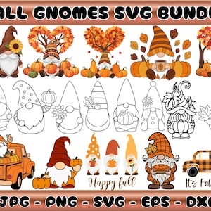 May include: A digital art bundle featuring various fall-themed gnomes, pumpkins, and autumn trees. The designs include both colored and line art versions, with text that reads "Fall Gnomes SVG Bundle", "Happy Fall", and "It's Fall y'all". Formats include JPG, PNG, SVG, EPS, and DXF.