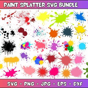 May include: A collection of 40 colorful paint splatter SVG files. The splatters are in various shapes and sizes, and are perfect for adding a creative touch to your designs.