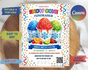 Editable Snowcone Fundraiser Flyer CANVA Template for Summer Colorful Bright