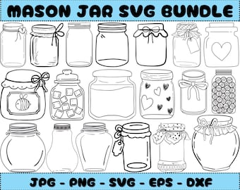 May include: Black and white line art of various mason jars with different lid styles and embellishments. The image includes text that reads "MASON JAR SVG BUNDLE" and file type options: JPG, PNG, SVG, EPS, and DXF.