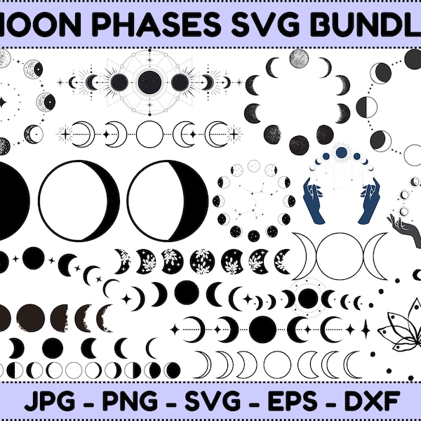 Pacchetto SVG fasi lunari: ClipArt di mezzaluna lunare per Cricut (download digitale)