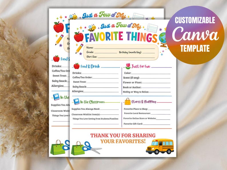 Teacher Favorite Things List: Appreciation Gift Questionnaire ...
