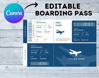 Bearbeitbare Bordkartenvorlage, druckbares personalisiertes Flugticket, Canva Bordkarte, digitaler Download DIY Bordkarte