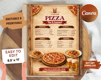 Editable Italian Pizza Restaurant Menu Flyer (8.5x11 Inches) (Digital Download)