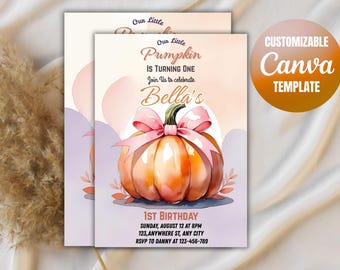 Pumpkin First Birthday Invitation: Watercolor Fall Theme, Pink Bow (5x7 Inches, Digital Download)