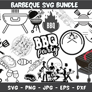 Könnte beinhalten: Schwarz-weiße Vektorillustrationen verschiedener Grillartikel, darunter Grills, Spieße, Essen und ein Schild mit der Aufschrift "BBQ Party".
