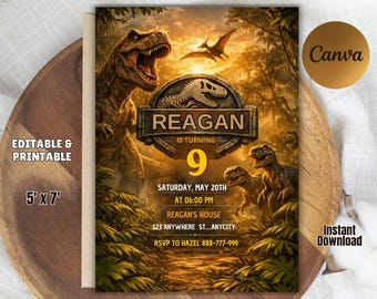 Editable Dinosaur Invitation, Dinosaur Birthday Party Invitation, T-Rex Party Invite, Dinosaur Birthday Invite, Editable Canva Template