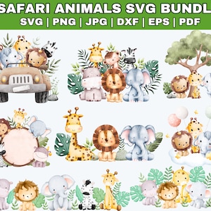 Zwierzęta safari akwarela clipart \ Zwierzęta safari svg \ Zwierzęta safari png \ baby shower svg \ słodkie zwierzęta png \ zarys zwierząt safari svg