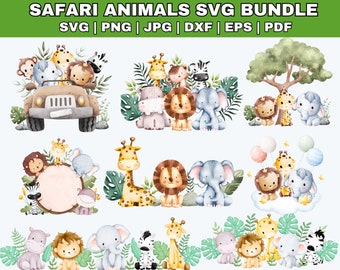 Safari animals watercolor clipart \ Safari animals svg \ Safari animals png \ baby shower svg\ cute animals png \ safari animals outline svg