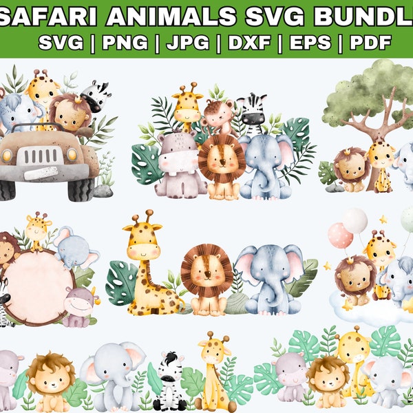 Safari animales acuarela clipart \ Safari animales svg \ Safari animales png \ baby shower svg\ animales lindos png \ safari animales contorno svg