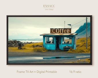 May include: A blue wooden building with a sign that says "Coffee" in front of a mountain landscape. The building is located on a dirt road with a puddle of water in front of it.