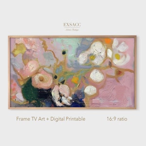May include: Abstract painting with a pink background and white, yellow, and green flowers. The painting is framed in a gold frame. Frame TV Art + Digital Printable 16:9 ratio