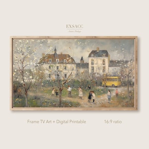 May include: A painting of a schoolyard scene with children playing in front of a building. The building is white with a brown roof and has a clock tower. There are trees in the background and a yellow school bus parked on the right side of the image.