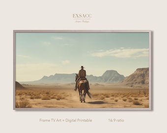 May include: A lone cowboy rides a brown horse across a vast desert landscape. The sky is a pale blue with wispy clouds. The mountains in the distance are a hazy purple.