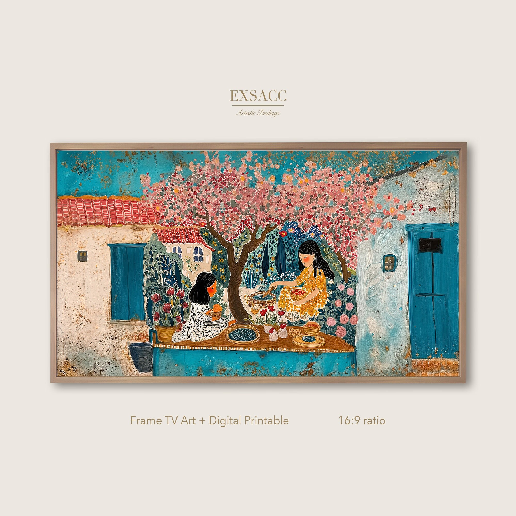 Mexican Folk Art: Mother Daughter Under Pink Tree Printable Frame