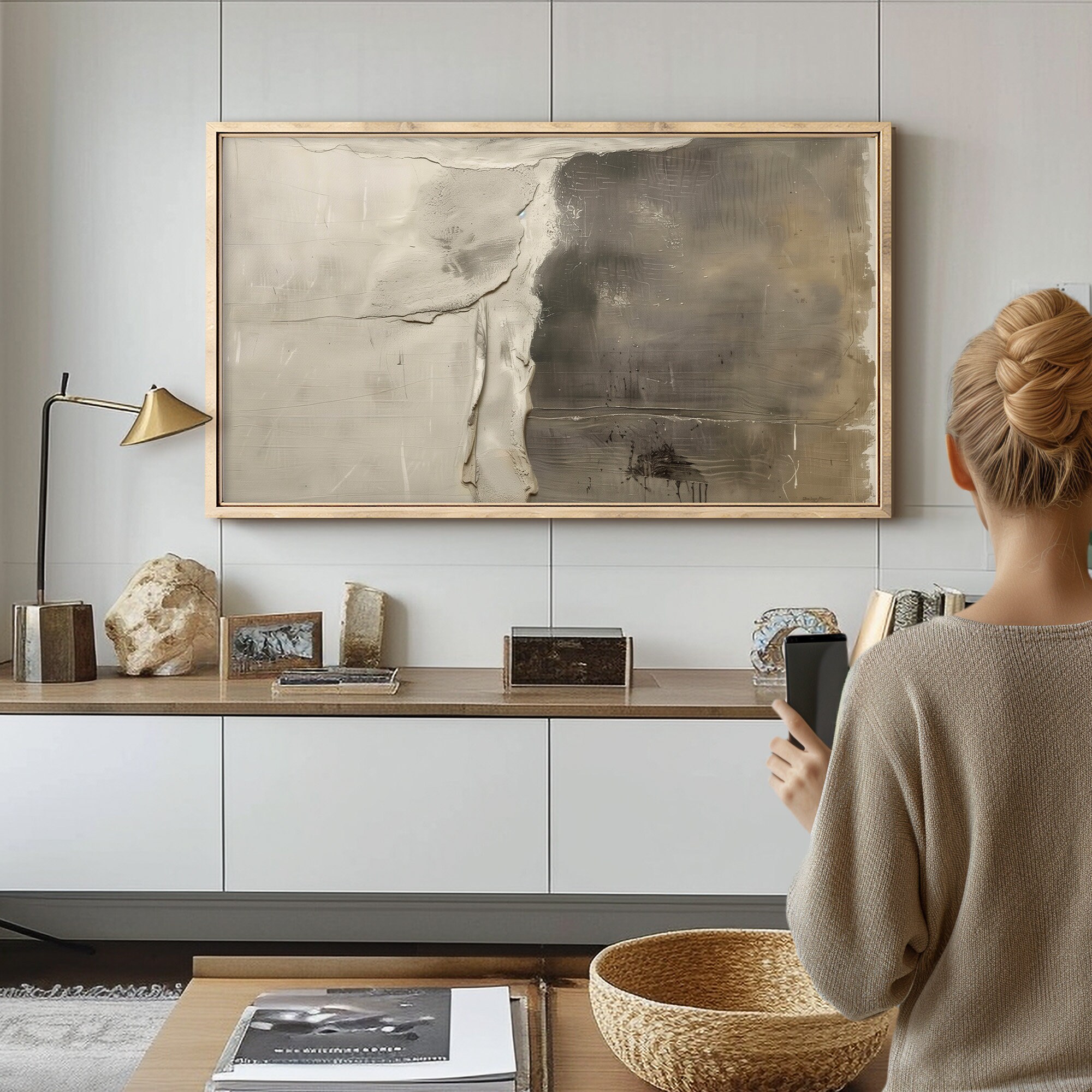Wabi Sabi 3D Frame TV Art Bundle, Black Beige Clay Abstract