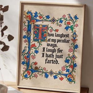 Può includere: Una stampa incorniciata con un bordo decorativo in stile medievale con motivi floreali blu, rossi e dorati, due piccoli uccelli e una lumaca. Il testo recita: Thou laughest at my peculiar ways. I laugh for I hath just farted. Cornice in legno chiaro.