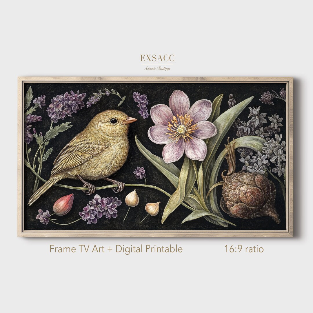 Bird Botany Frame TV Art Printable, Lilac Purple Flower Digital ...
