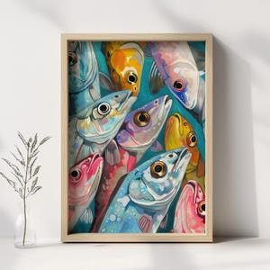 May include: A colourful painting of a shoal of fish swimming in turquoise blue water. The fish are all different colours and shapes, with some having bright orange, pink, and blue scales.