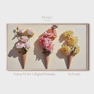 May include: Three ice cream cones filled with pink and yellow flowers. The cones are on a light yellow background. The image is titled "Frame TV Art + Digital Printable" and "16:9 ratio".